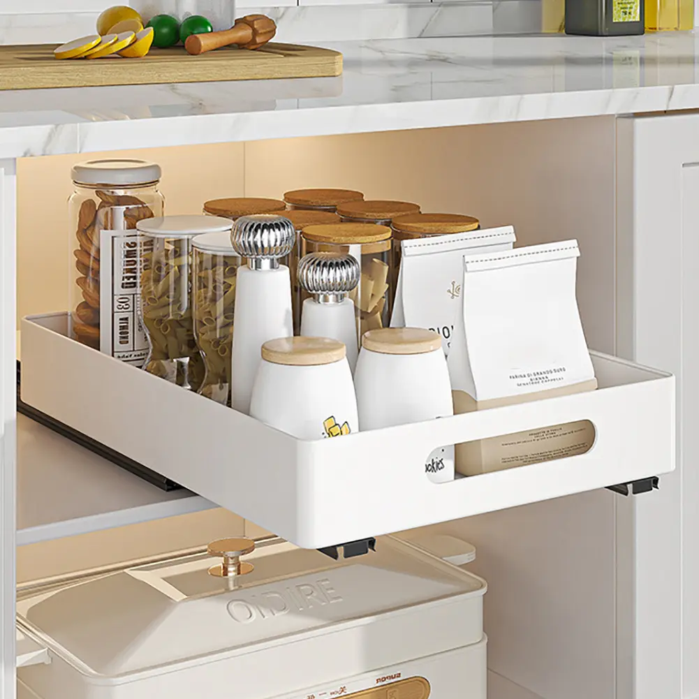 Space-Saving Heavy Duty Pull Out Cabinet Organizer – Expandable Slide Out Metal Drawer with Handle – Easy Adhesive Installation – Kitchen, Bathroom, Pantry, Under Basin Storage