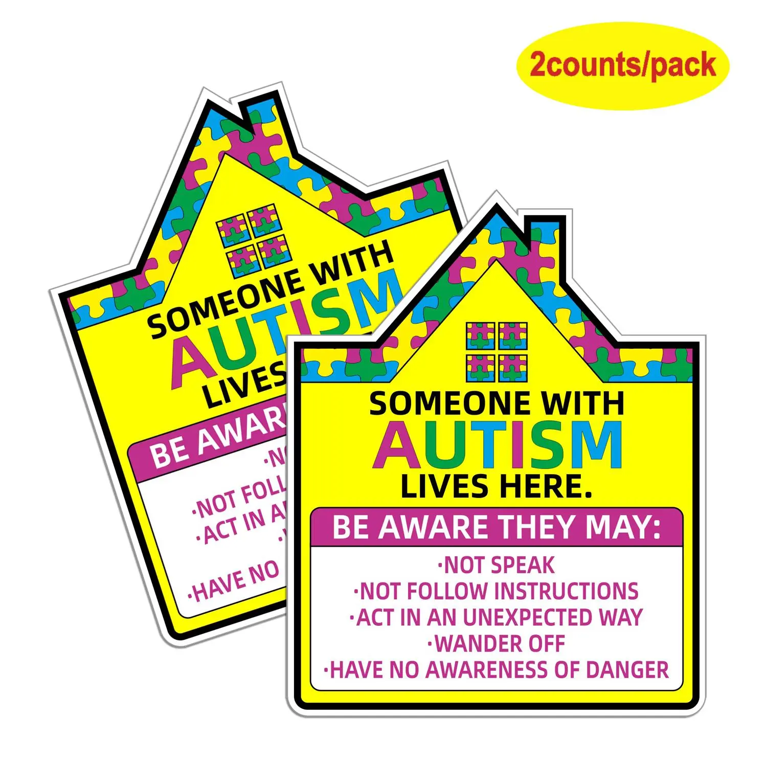 Autism Awareness House Shaped Sticker, 2 Counts Waterproof Self Adhesive Sticker for Home Window Decorative Wall Sticker, PVC Waterproof Stickers