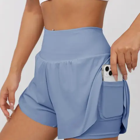 Women's 2-in-1 Solid Color Pocket Sports Shorts, Casual Comfy Breathable Skinny Shorts for Yoga, Gym and Workout, Athletic Shorts, Lightweight Workout Compression Shorts, Soft Shorts, Training Shorts