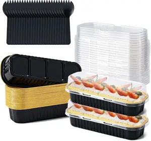 25 Pack Mini Cake Pans with Lids and Spoons, Small Aluminum Foil Loaf Pans, Rectangular Baking Containers for Party and Picnics, 6.8oz (Black/Gold)