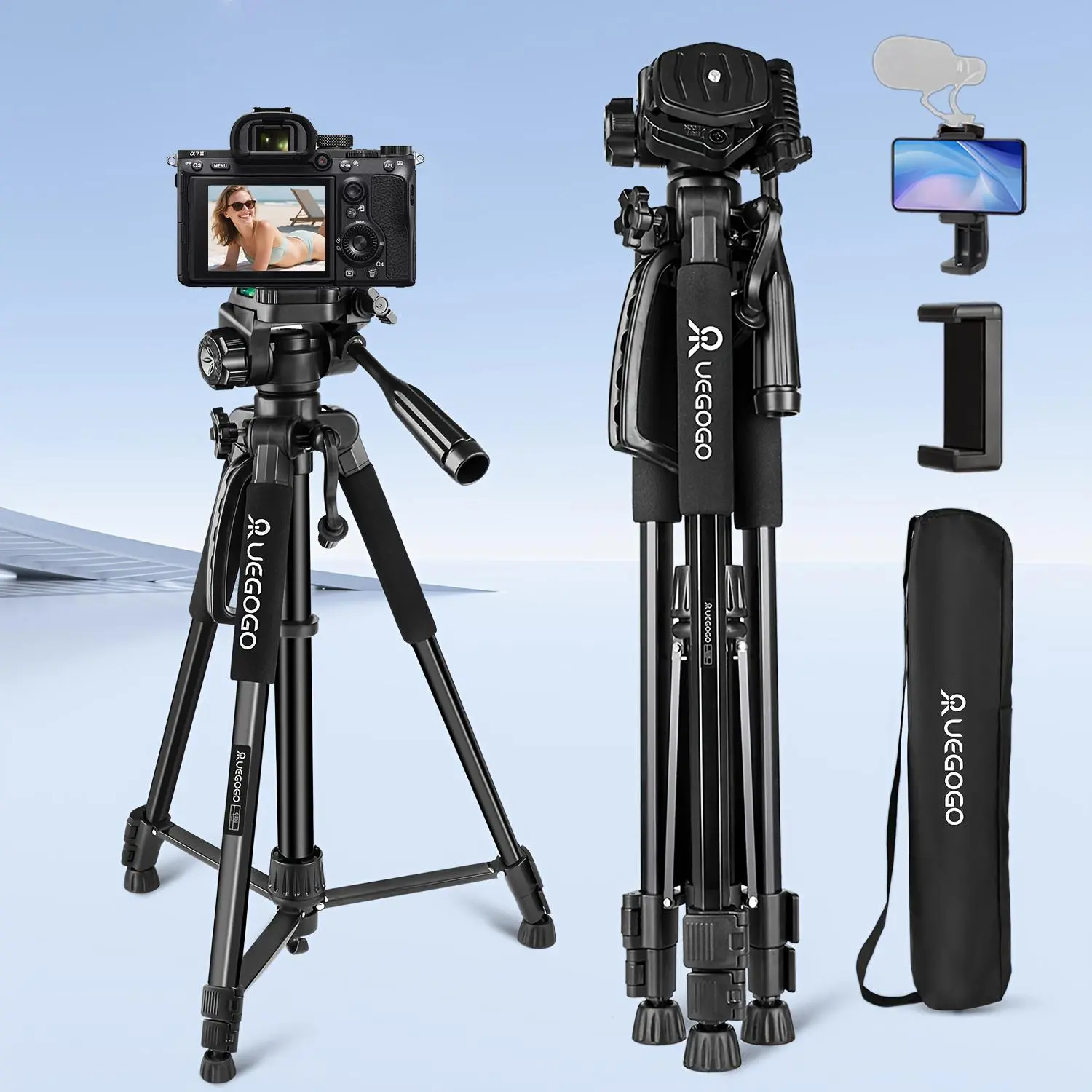 UEGOGO 60in Aluminium Extendable Tripod - 360-Degree Rotatable Combo Tripod & Monopod with Lock, Clip-On Mount, Handle, Portable Camera Accessory for Devices, Compatible with Smartphone/Projector/Action Camera, Ideal for Live Streaming, Accessories