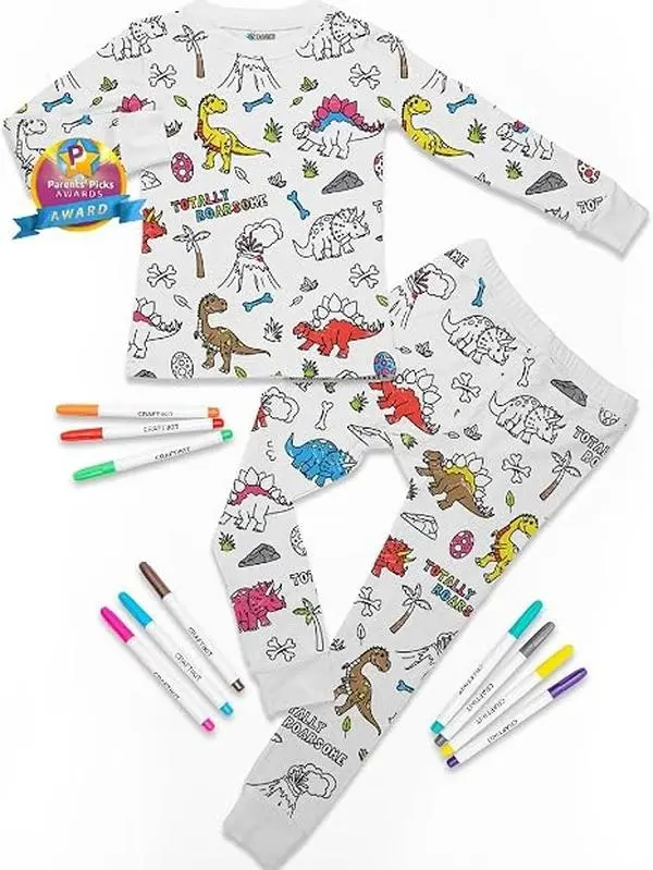 Kids' Unisex Bamboo Viscose Snug-Fit DIY Coloring Sleepwear Set with Markers, Dinosaur-Mermaid Pajama Pattern Stretchy PJs, Long Sleeve, Pyjama Set
