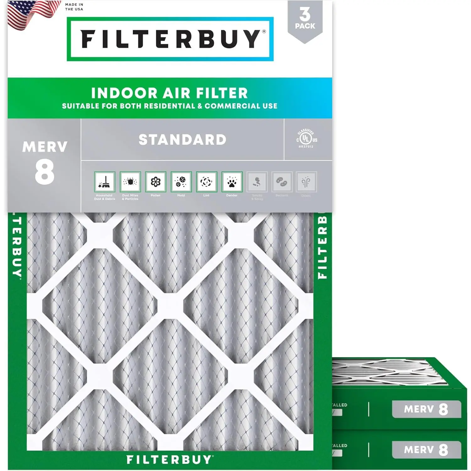 Filterbuy New 18x24x2 Eco-Friendly HVAC AC Furnace Air Filter (3-Pack) - Pleated MERV 8 Dust Defense, Electrostatically Charged, Endures 200°F Max, Withstands Moisture (Actual Size: 17.38x23.38x1.75 Inches), Endures Temperatures Up To 200°F