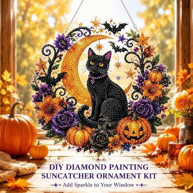Halloween Diamond Painting Suncatcher Ornament Kit, Pumpkin Black Cat DIY Gem Art Hanging Decoration, Acrylic Window Hanging Craft Kit, Sparkling Fall Home Decor Gift tiktokshopbacktoschool