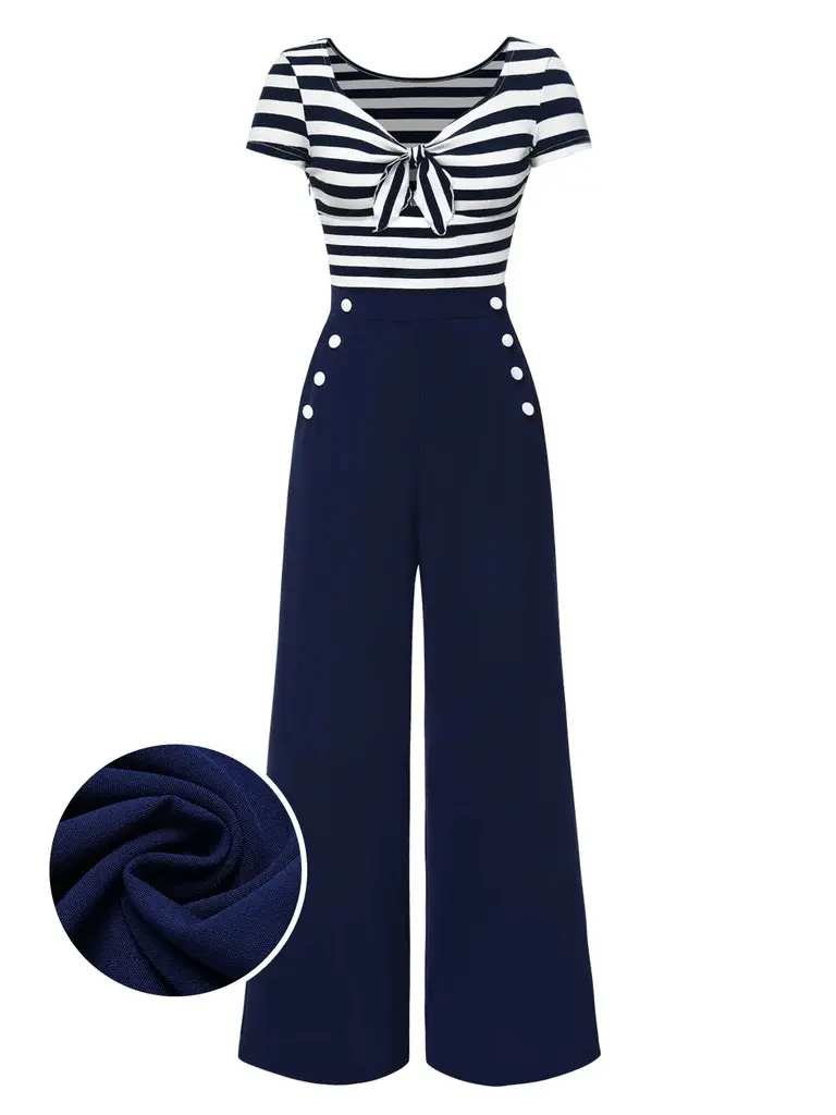 RETRO STAGE Women's 1950s Vintage Striped Patchwork Jumpsuit, Elegant Ankle Length Evening Wear with a Unique Hollow Bow