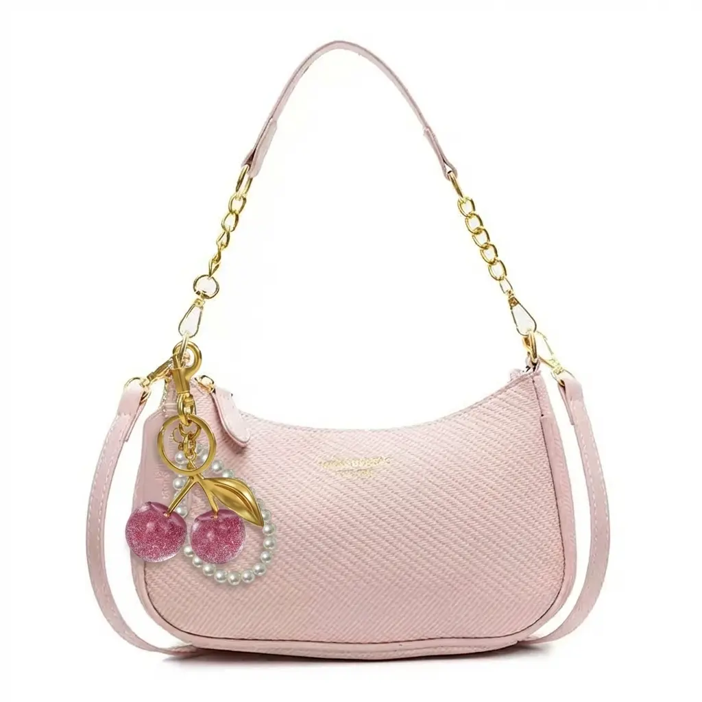 Chain Accent Women's Crossbody & Shoulder Bags - Solid-Color High-Quality Dumpling Bag with Adjustable Straps, Pearl Cherry Pendant, Multifunctional for Everyday Commuting