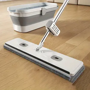New 1set Deluxe Rotating Flat Mop with Folding Bucket - Hands-Free Long Handle Wet & Dry Use Durable Rotating Head Dust Removal Easy Cleaning - Perfect for Bathroom Bedroom Kitchen Living Room Toilet Hardwood Laminate Tile Floors