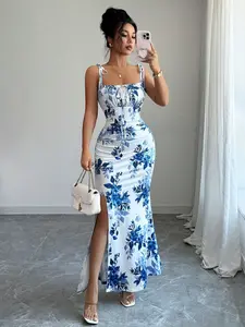 Women's Floral Print Thin Strap Adjustable Waist Cinching Split Backless Dress, Formal Evening Party Vacation, Spring Summer Elegance Clothing, Fit