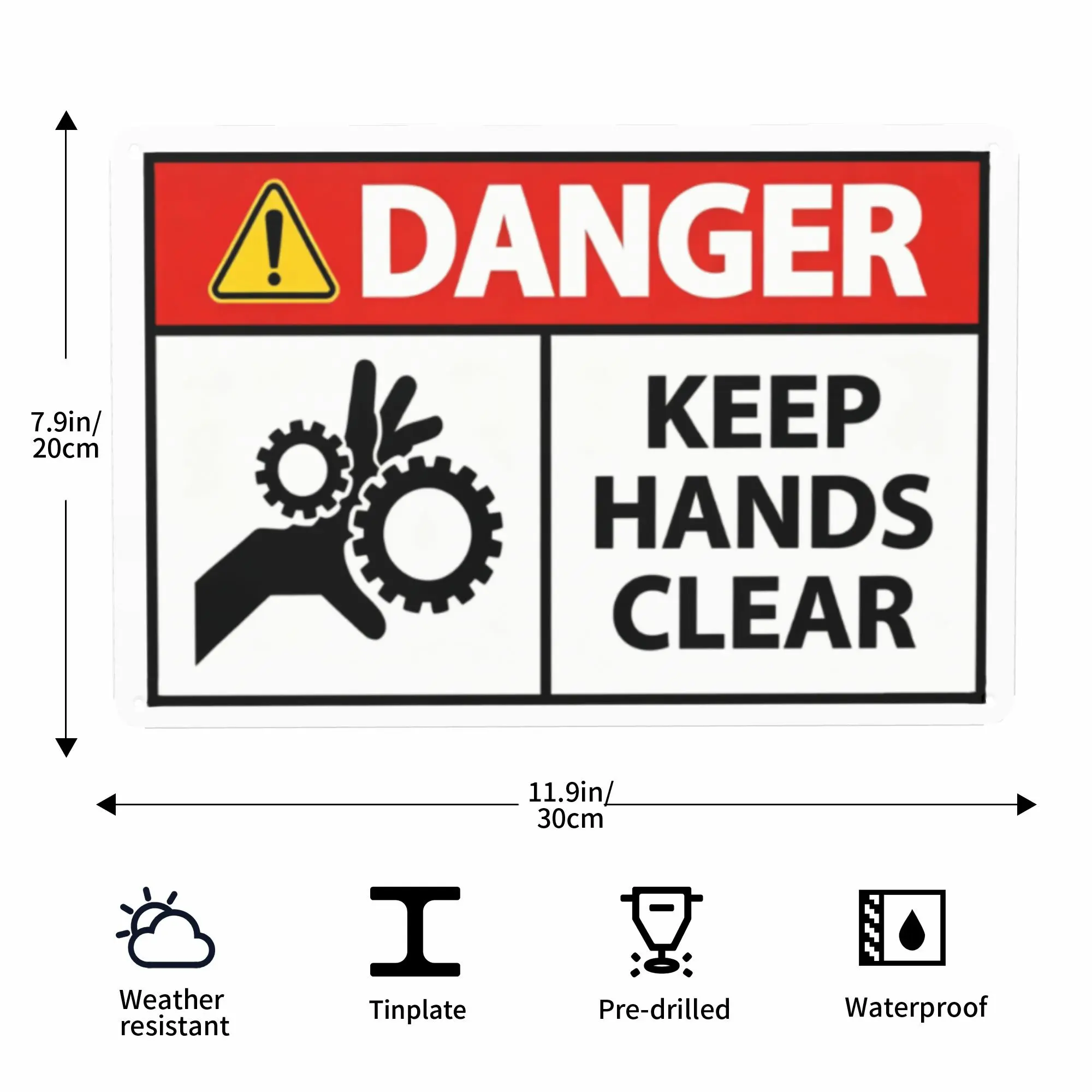 Industrial Machinery Safety Sign,12x8 in,Keep Hands Clear Warning Plaque, Weather Resistant Metal Tinplate for Workshop & Factory