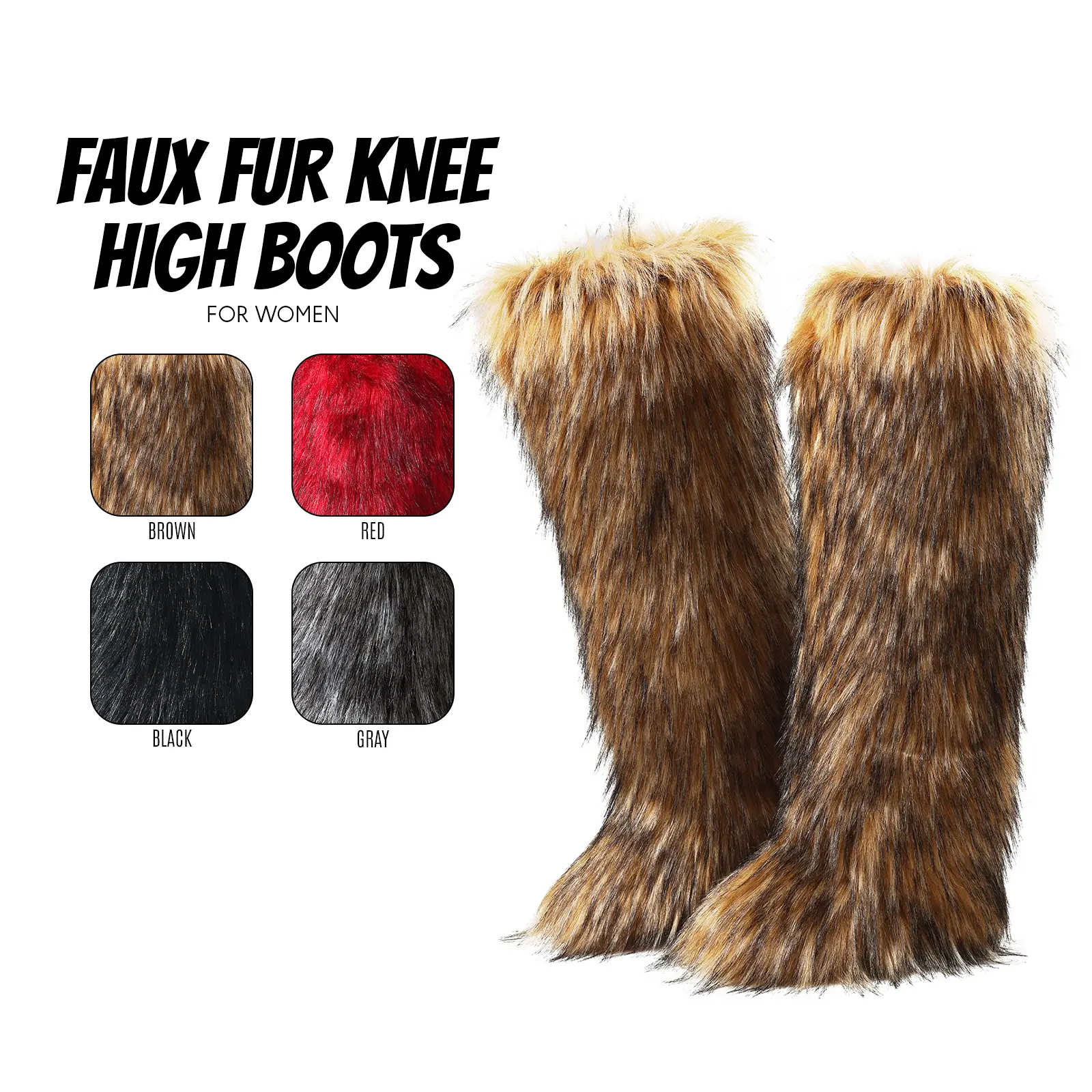 Womens Fur Knee High Boots Y2K Style Fashion Round Toe Flat Heels Comfy Warm Cozy Long Easy Pull On Party Dressy Outdoor Fluffy Flurry Winter Snow Boots