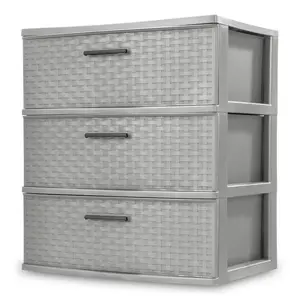 Sterilite 3 Drawer Wide Storage Tower, Plastic Weave Home Organizer, Cement