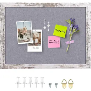 Gray Felt Cork Board Bulletin Board, Decorative Hanging Cork Boards for Walls with White Rustic  Frame, Pin Board Vision Board for Office Home and School with Pins, Screws (4333,WH,1pc)
