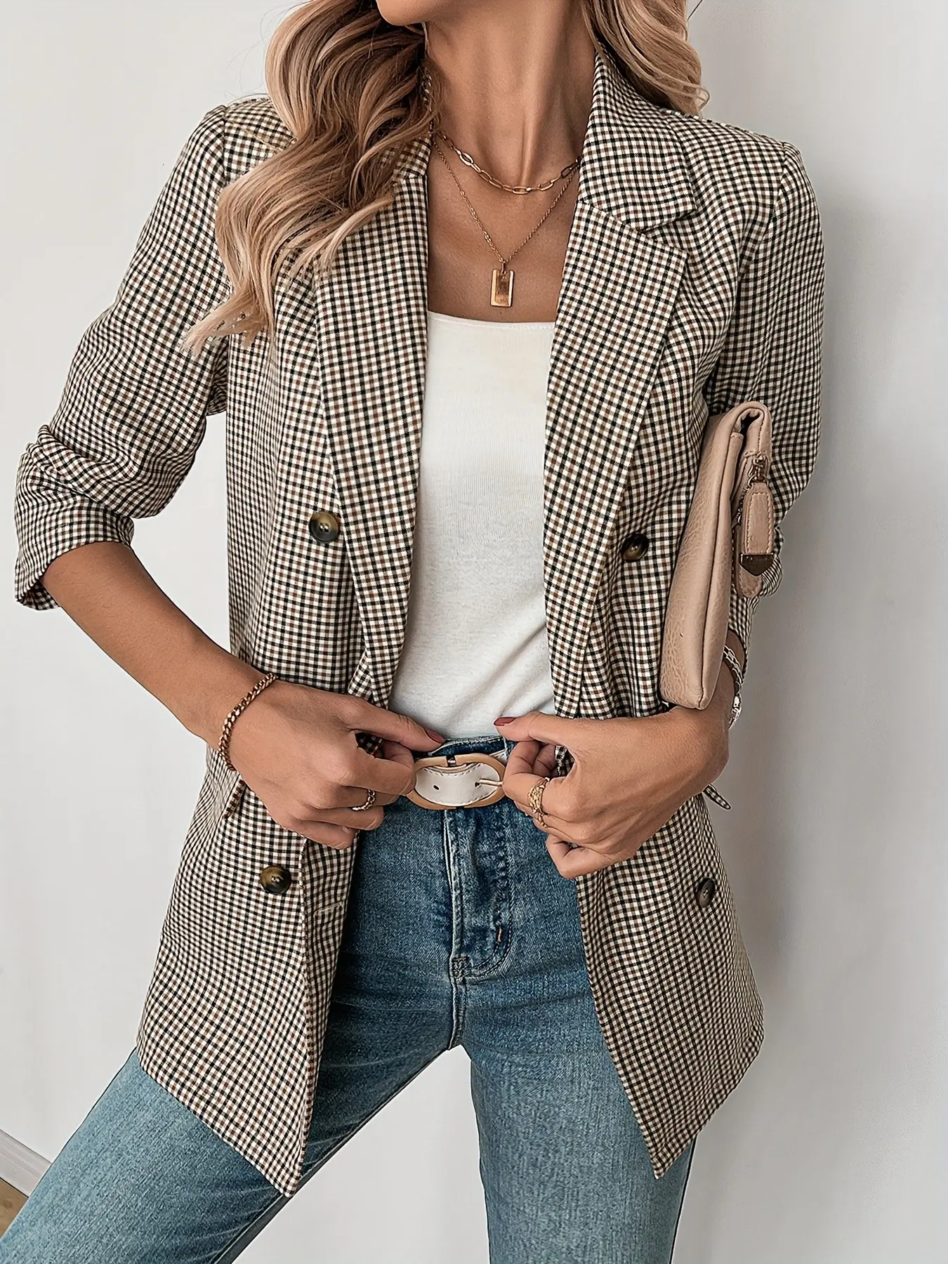Women's Plaid Blazer Jacket, Sleeve, Chic Vintage Office Style, Dual Button Design, Loose Fit, Pocket Detail, Perfect for Work & Casual Wear, Womenswear