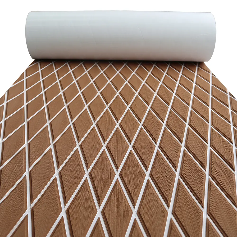 KXKZREN Customizable Diamond Pattern Self-Adhesive Brown & White High-Density EVA Marine Matting - DIY Cut-Fit, Slip-Resistant Faux Teak Sheet, Waterproof, UV/Chemical-Resistant, Washable Kayak Accessory
