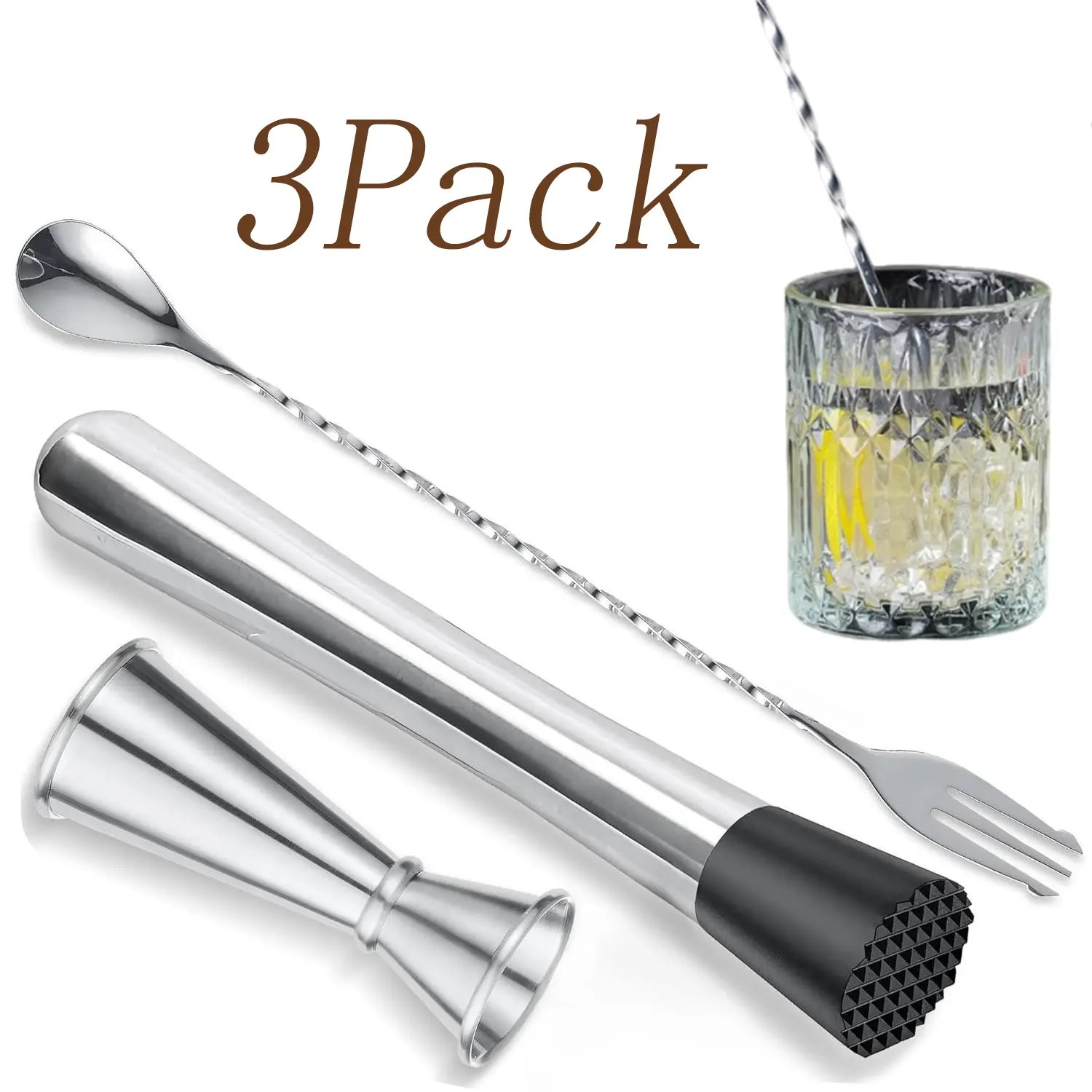 3-Tool Bartend Set - Sturdy Stainless Steel Cocktail Muddler, Versatile Spoon, Bar Measure Jigger for Bartending, Grooved Fruit Crush, Quick Rinse Clean Silvery Home Bar Drink Mixing Utensils