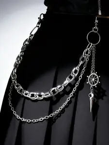 Fashion Silver Color Punk Chain Belt Accessory, Elegant Ship Wheel and Spike Pendant Design, Perfect for Dresses and Pants