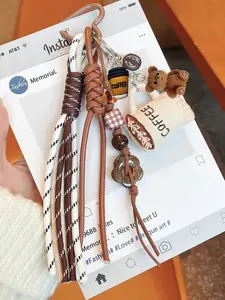 Vintage Coffee Cup Embroidered Hanging Ornament, American Retro Style Woven Decoration, Niche Design Keychain Bag Hanging Coffee Cup Shape, Paired With Woven Rope And Vintage Beads. Can Be Used As A Keychain Or Bag Charm, Suitable For Going Out Or Dating.