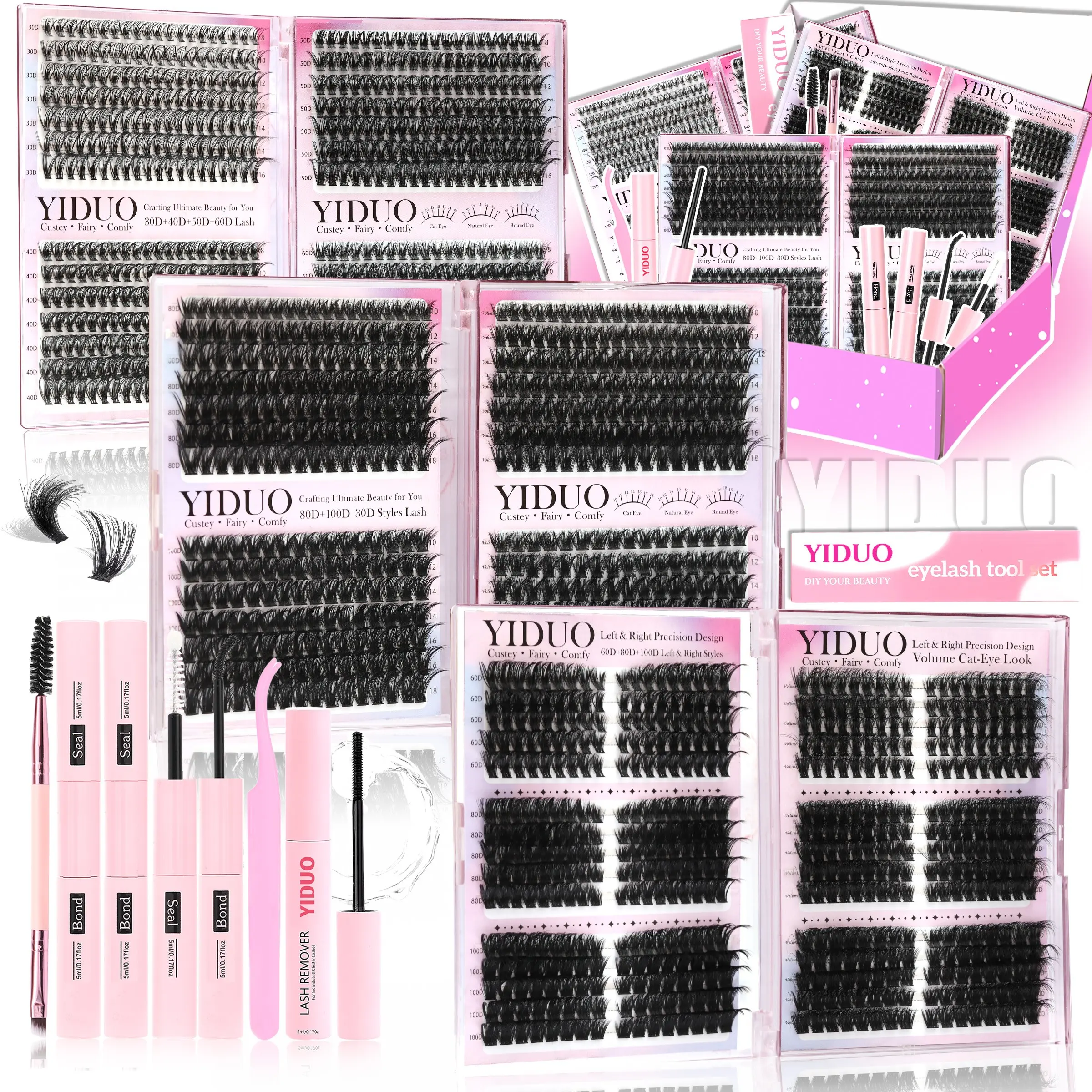 YIDUO 1548 Pieces Eyelash Cluster Extension Kit, Makeup, DIY Eyelash Extensions, 30D-100D + 3D Effect, 8-18mm D-Curl, Includes Lash Adhesive, Sealer (x2), Remover, Tweezers & Brush, for Easy DIY at Home