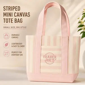 Trader Joe's Mini Pastel Striped Canvas Tote Bag - Reusable Grocery Bag with Front Pocket, Lightweight Women's Tote for Lunch Travel