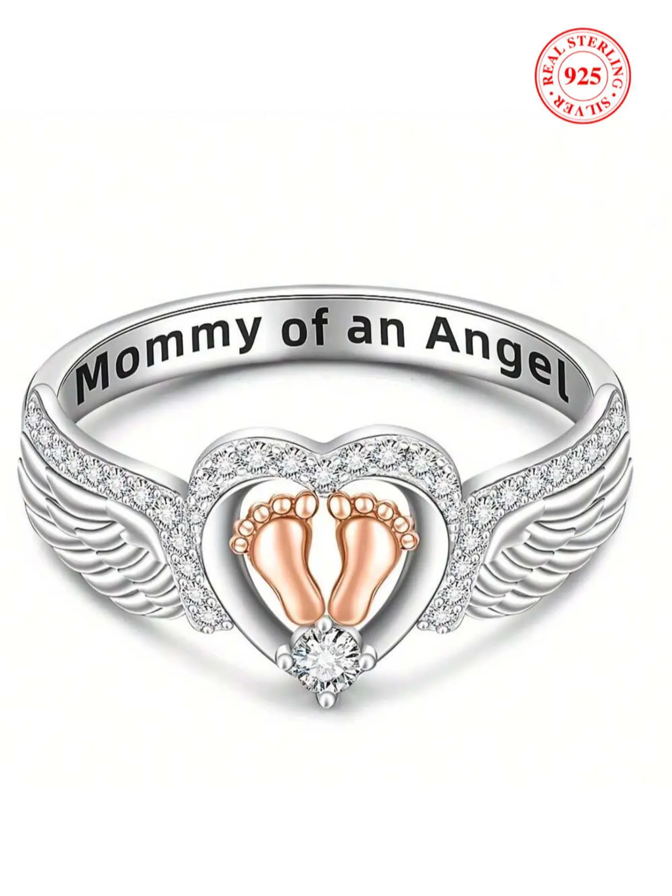 S925 Sterling Silver Angel Wing & Heart Design Artificial Zircon Ring, Heart Cluster Ring, Rhinestone Decor Heart Shaped Rings for Women, Beautiful Rings, Trendy All-match & Exquisite Jewelry for Birthday Gift, Engraved Ring, Heart Shaped Engagement Ring