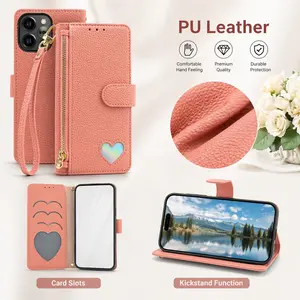 Foldable Stand Wallet Book Case Cover for iPhone 16/17 Pro Max/15, Color-Changing Heart Design, Multi-Card Slot, Durable PU Leather, Mother's Day Gift