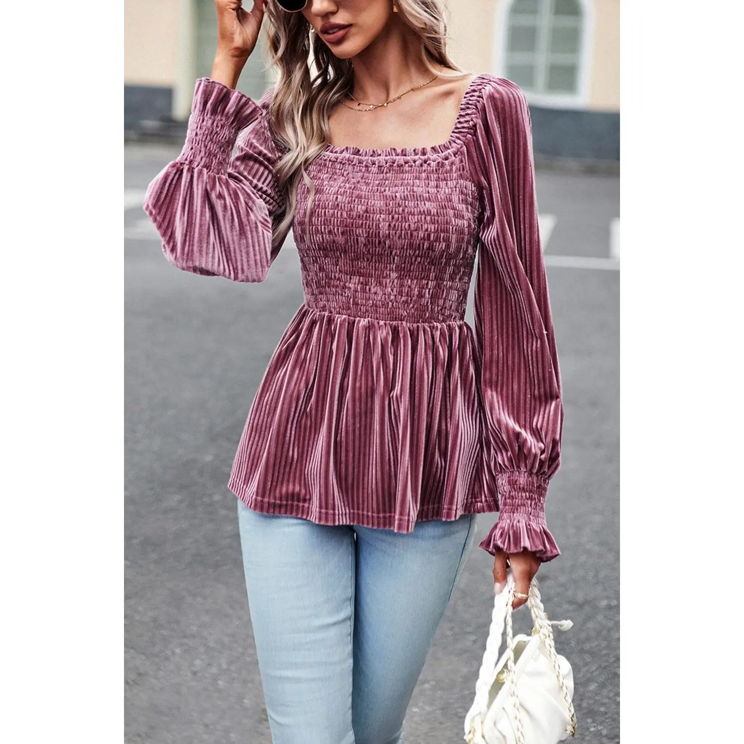 Cheeky Velvet Smocked Babydoll Peplum Top - Pink