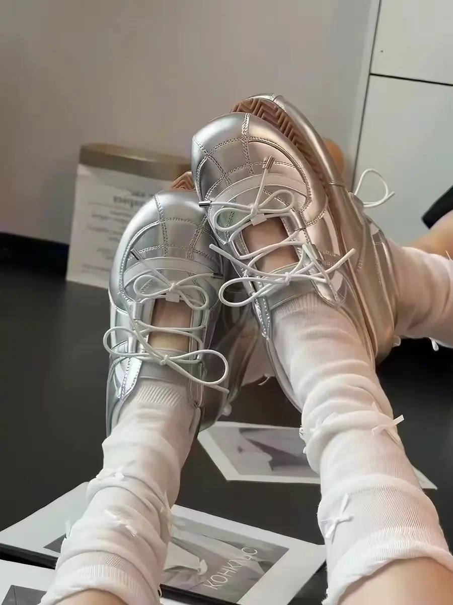 Women's Metallic Balletcore Shoe, Casual Lace Up Polyester Sneaker with Cutout Braid Decor, Hidden Platform and Non-Slip Rubber Sole, Athletic