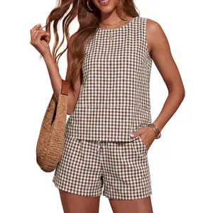 Women's Trendy 2 Piece Outfits Shorts Sets Summer Crew Neck Sleeveless Tank Top and Bottom Matching with Pockets 2026