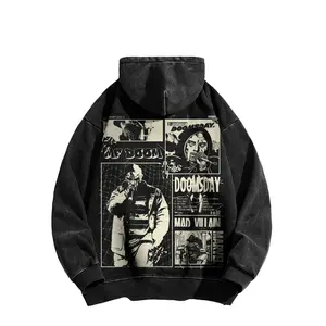 MF Doom Washed Hoodie, MF Doom merchandise, 90s hip-hop street style hoodie, made in the USA, suitable for rappers and retro music lovers, black casual cotton fabric.