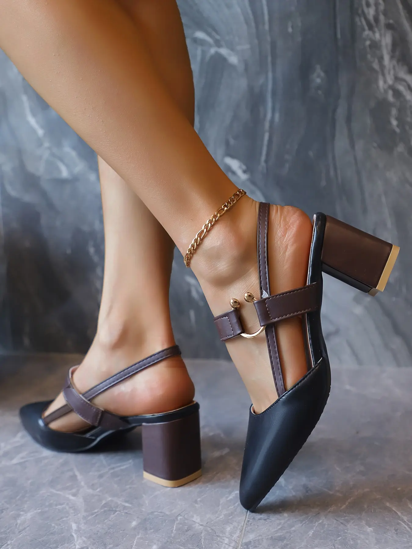 Women's Brown Buckle Block Heel Slingback Pumps, Vintage Office-Chic Style, Pointed Toe Work Shoes，Brown Slingback Pumps, Metal Buckle Block Heels, Vintage Office Work Shoes, Footwear, Fashionable Footwear