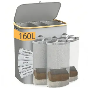 160L 3-Section Laundry Hamper with Lid | Sturdy Handle, Extra Large | Dirty Clothes Storage for Home