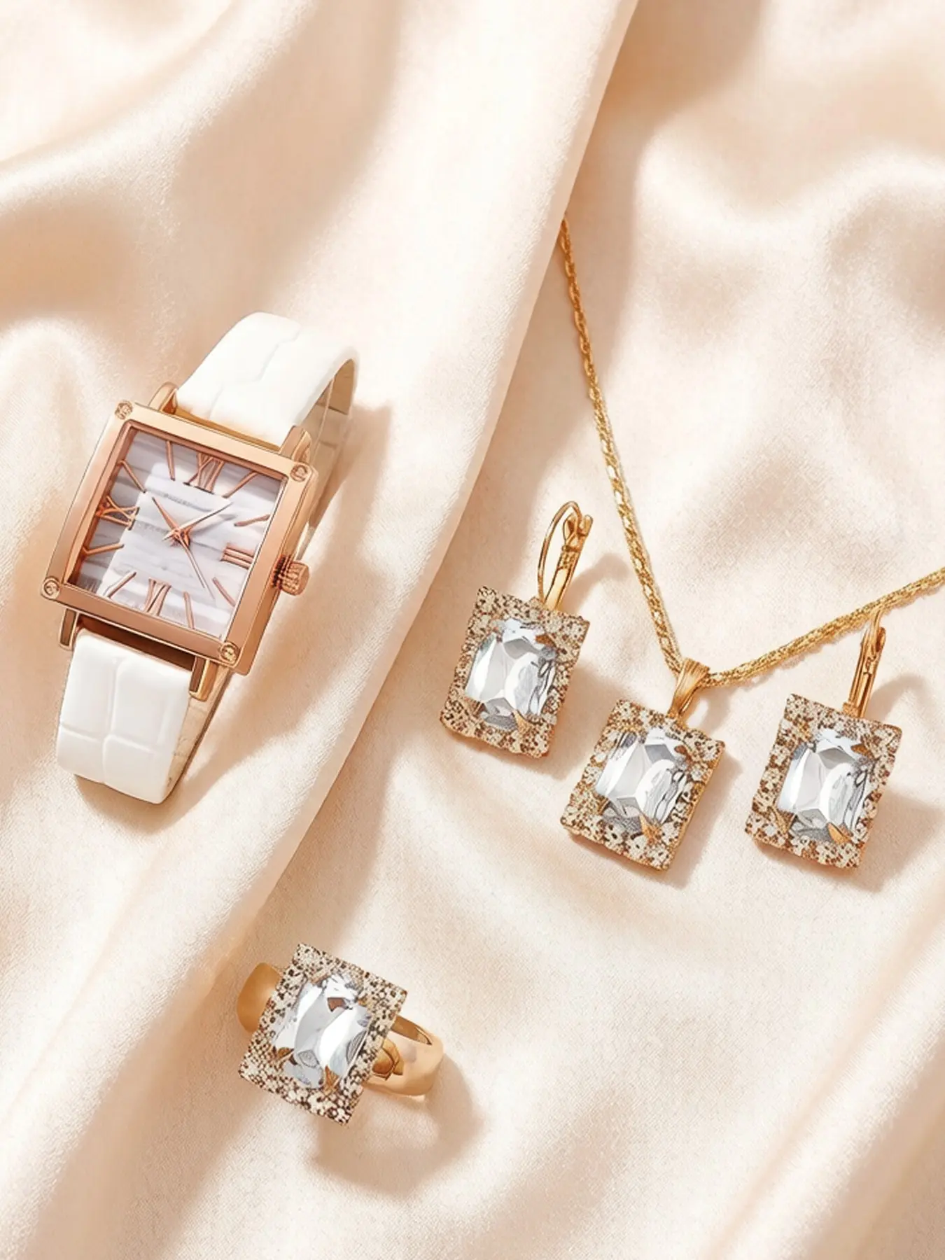 1 piece/set of fashionable, versatile and personalized women's watches, retro square pointer quartz watch, green watch, paired with 4 pieces/set of jewelry set with crystals, a gift for mom
