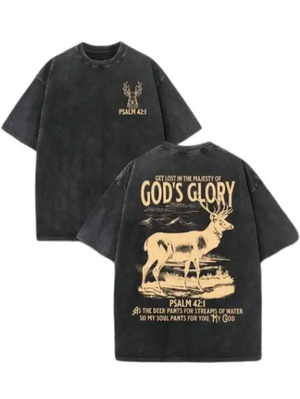 God's Glory Christian Washed Shirt, 'PSALM 42:1' Christian Scripture T-Shirt, Vintage Retro Washed Shirt Double Sided Printed High Quality Christian T-Shirt, Christian Gifts, Men's and Women's Shirts short sleeve crew neck top
