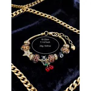 2026 New Arrival Women's Leopard Print Rhinestone Cherry Charm Bracelet | Trendy Y2K Iron Chain Bracelet, Versatile All-Season Jewelry, Perfect Gift for Her