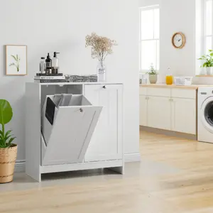Tilted Laundry Hamper – Hidden Cabinet with 2 Removable Baskets for Sorting. Anti-Tip Kit for Safety. Perfect for Bathroom or Laundry Room