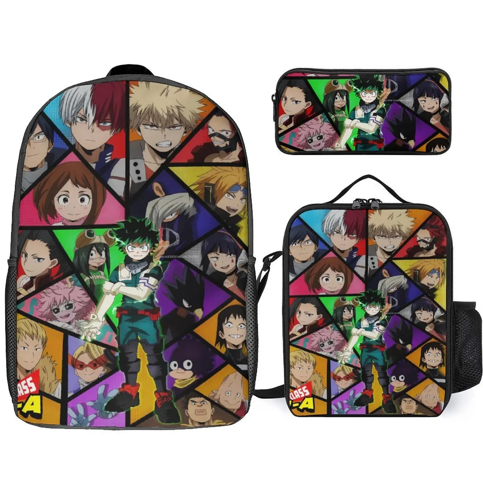 My Hero Academia Izuku Midoriya 3-Piece Vibrant Backpack Set - Lightweight High-Capacity Bookbag, Lunch Bag, Zip Pencil Case with Large Compartment for College Fans, Work, Holidays