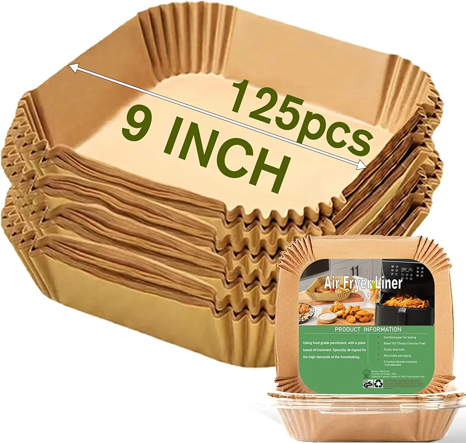 Large Air Fryer Disposable Paper Liners Square 9 Inch, 125 Pcs Parchment Paper Liner for 5-8QT Air Fryer, Oil-Proof, Water-Proof, Parchment Baking Paper for Baking Roasting Microwave mutvle