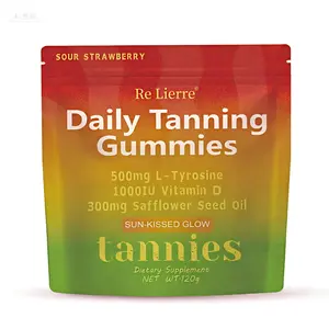 Re Lierre Daily Tanning Gummies - Sour Strawberry Flavor with 500mg L-Tyrosine 1000IU Vitamin D & 300mg Safflower Seed Oil for Optimum Sun-Kissed Glow