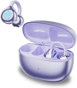 Open-ear clip sports headphones, wireless Bluetooth 5.4 earbuds, ear-hook headphones, NC noise cancellation for clear calls with built-in microphone, IPX5 waterproof, 36 hours of playback time, suitable for iOS and Android (purple)