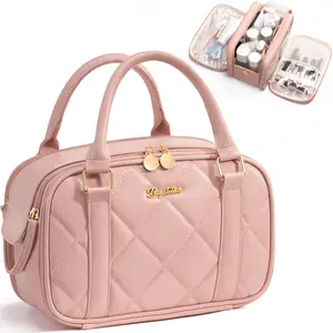 Bagstellar Wide-open  Makeup Bag, PU Leather Toiletry Bag for Women, Quilted Travel Bag Organizer Water-resistant Cosmetic Bag with Handle for Toiletries, Essentials, Accessories