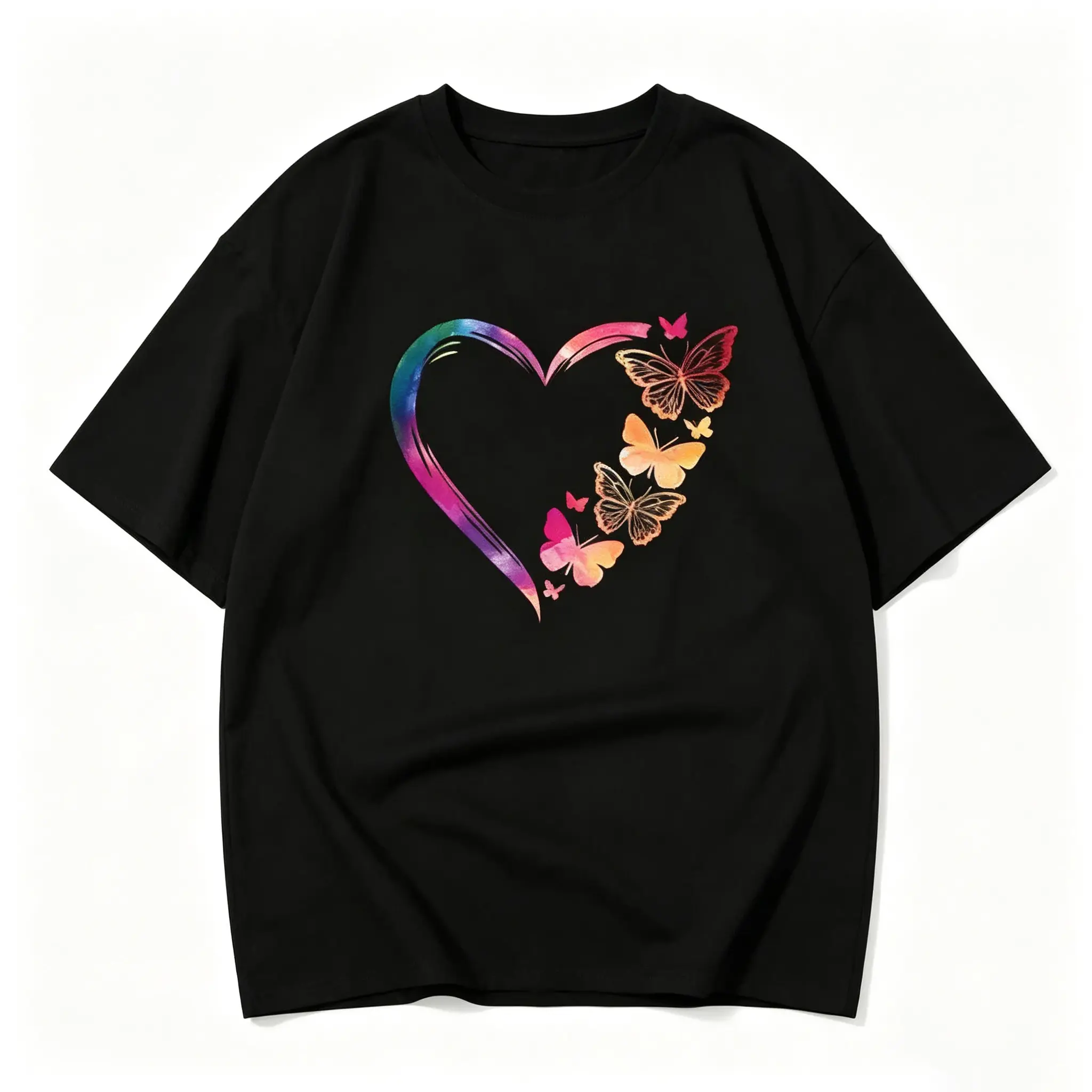 Butterfly and Heart Print Women's T Shirt with Drop Shoulder Half Sleeves Perfect for Summer Unisex Fashion Top Womenswear
