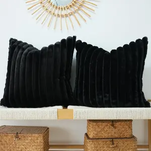 Pack of 2 Faux Fur Plush Decorative Throw Pillow Covers Couch Cushion Case Soft Pillowcases (Black, 18 x 18-Inch)