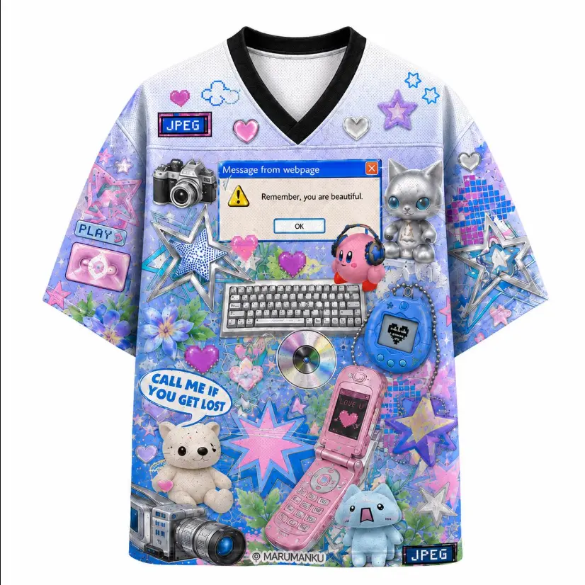 Y2K Digital Dream Jersey, Pastel Cyber Kawaii Mesh Shirt, Retro Pop Up Computer Sports Tee, Cute Tech Nostalgia Top