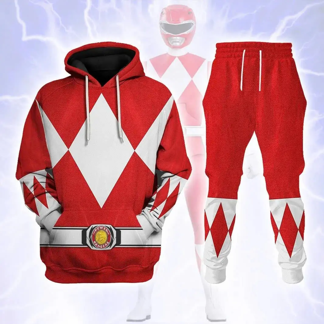 Mighty Morphin Power Rangers Hoodie And Sweatpants Set, Classic Ranger Costume Tracksuit, Superhero Graphic Streetwear Outfit, Casual Pullover And Jogger Pants Activewear