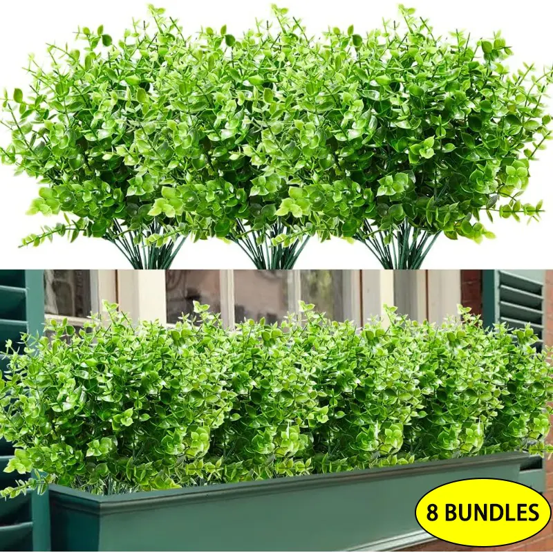 8-Pack UV-Resistant Outdoor Artificial Boxwood Bundles, Faux Greenery for Indoor-Outdoor Home Decor, Garden Porch Window Box Decorative Ornaments