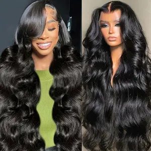 32 Inch 200 Density Body Wave Lace Front Wigs Blended Human Hair 13x6 HD Lace Frontal Wigs Pre Plucked Glueless Brazilian Virgin Wig with Baby Hair Body Wave Wigs for Women Natural Black