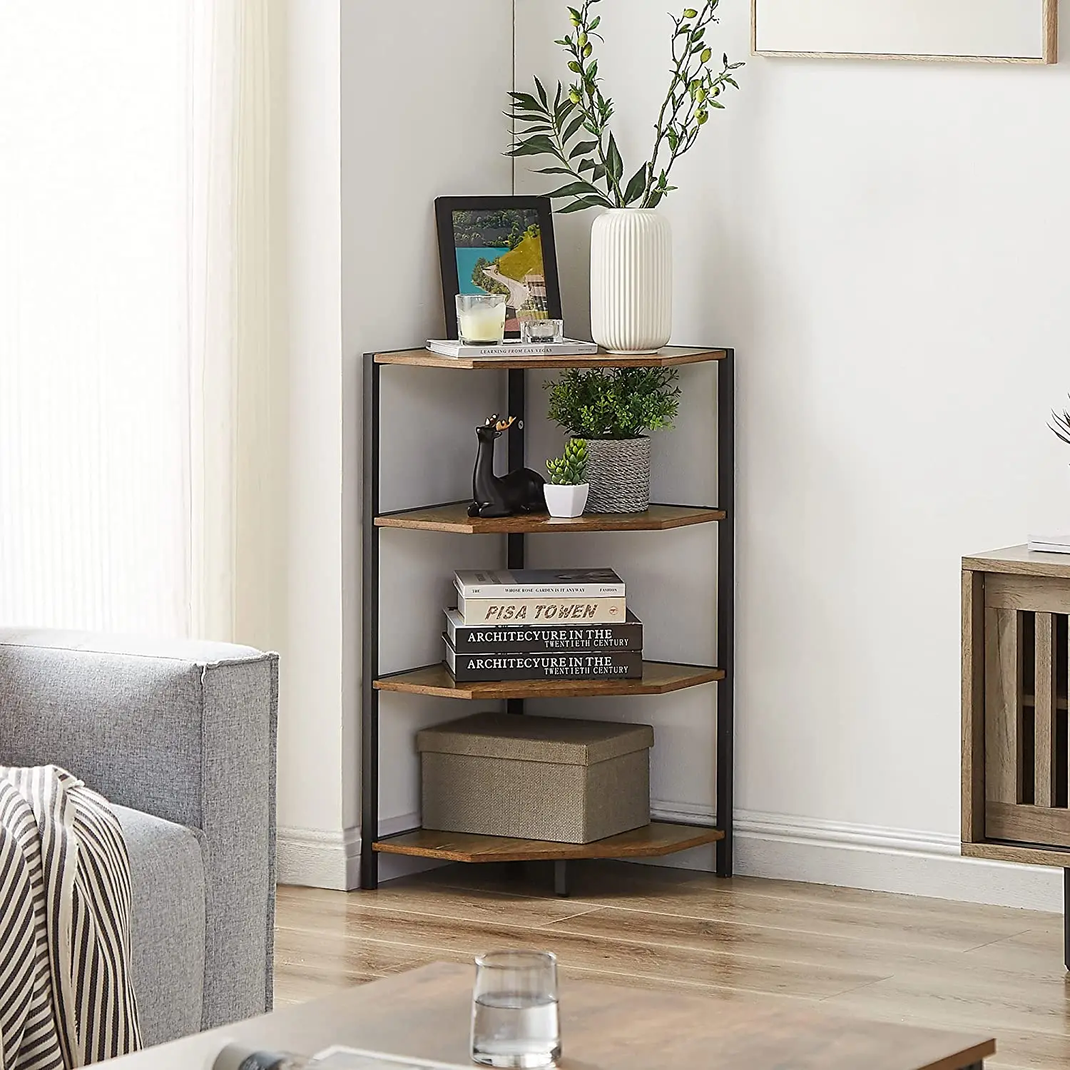 VECELO 31" Tall Industrial Modern Minimalist Corner Shelf - 4-Tier Wooden Open Storage Stand with Steel Frame, Bookcase Organizer for Home Decor