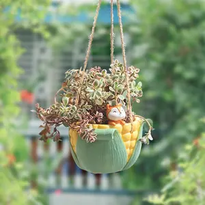 Cute Cat & Fox Design Hanging Plant Pot, Hanging Plant Pot with Rope, Desktop Decoration, Garden Decoration, Home Decor Supplies, Swinging Planter