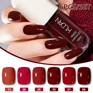 6pcs Red Brown Water-Base Nail Polish Set, KUDAN Star River Series Water-Base Nail Polish, Colorful Quick-Dry, Peelable, Long Lasting, High Quality Nail Supplies for Home Salon DIY Manicure Art