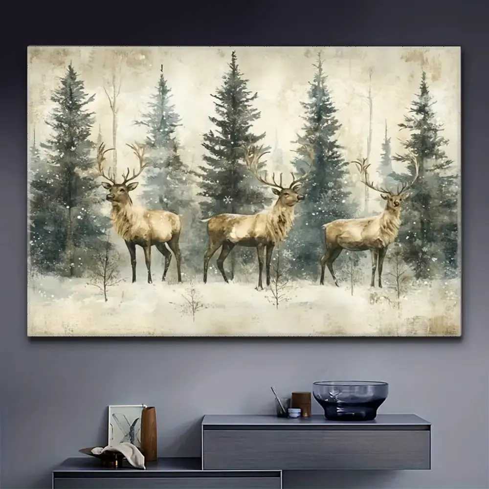 Vintage Reindeer Trees Abstract Animals Framed Wood Canvas Wall Print - UV-Resistant Ink Keeps Color Vivid, Eco-Friendly, Multi-Size (12"x18"/16"x24"/24"x36"), Christmas Glow, Hanging Kit Included, Home Decor, Holiday Gift for Enthusiasts